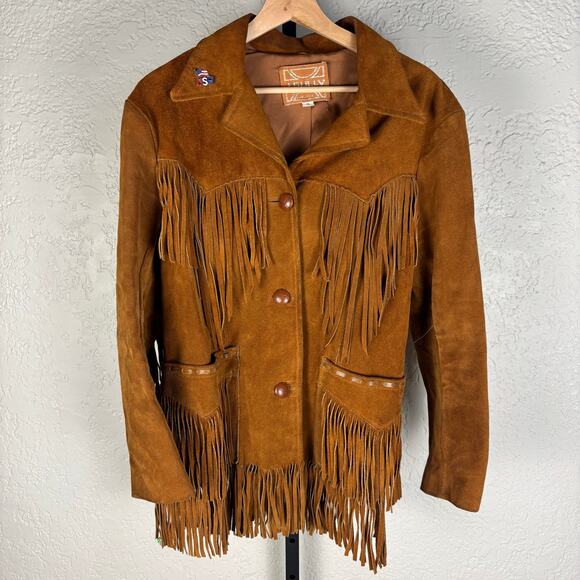 Vintage 1960s Leather Fringe J Sully Western Hippie Sz 16 Coat - Picture 2 of 7